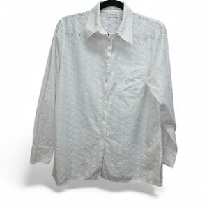 Ann Taylor Med White Eyelet Button Down Blouse 100% Cotton Women's Cottagecore